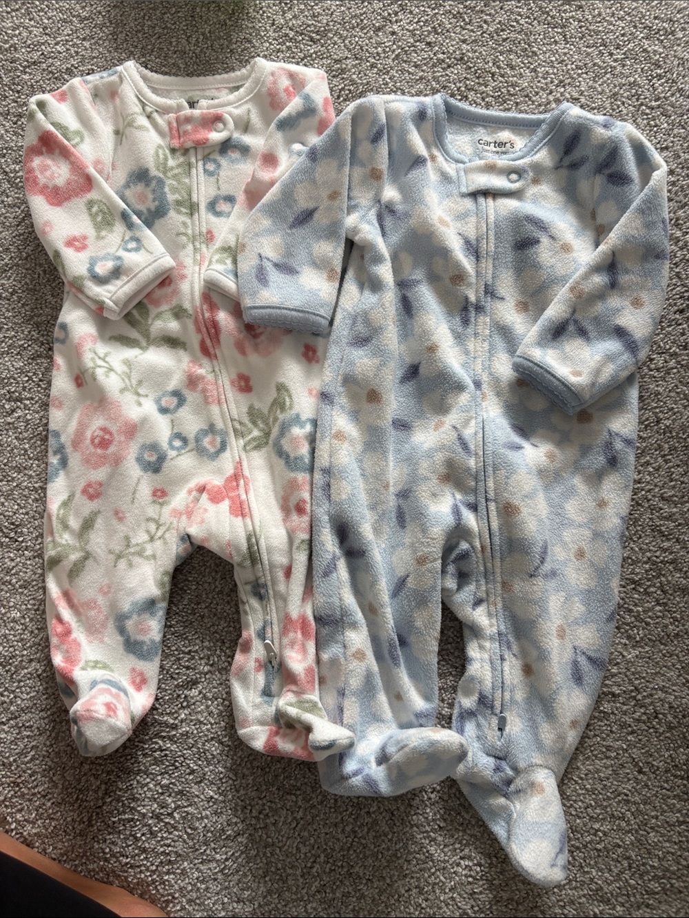 Carter's Floral Pink & Blue Fleece Footed One-Pieces - Pack of 2